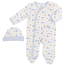 SpaSilk Boys Blue Elephant Print Asymmetrical Cotton Footie with Fold Over Mitten Cuffs and Matching Hat