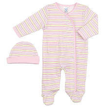 SpaSilk Girls Pink Stripe Cotton Asymmetrical Footie with Fold Over Mitten Cuffs and Matching Hat