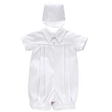 Small World Boys White Short Sleeve Christening Romper and Matching Hat