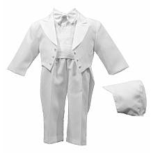 Small World Boys Christening 5 Piece Tuxedo Set with Satin Detail Jacket, Pants, Faux Bow Tie Shirt, Cummerbund and Hat