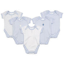 SpaSilk Boys 5 Pack Blue Assorted Cotton Short Sleeve Lap Shoulder Bodysuits- 9 Months