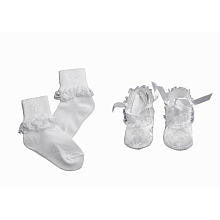 Small World Girls Cross Embroidered Christening Shoe and Lace Trim Sock Set (Small)