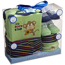 Baby Essentials Boys 5 Piece Stripped Little Rock Star Set with Bodysuit Pant Cap and 2 Pairs of Socks- 3-6 Months