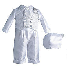 Small World Boys Christening Baptism 3 Piece Shantung Set with Pleated Pants, Faux Vest and Tie Shirt, and Matching Hat