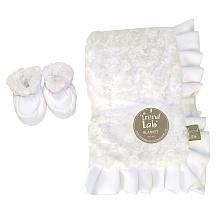 Trend Lab Neutral White Swirl Velour Ruffle Trimmed Blanket and Reversible Bootie Luxe Gift Set- 0-6 Months