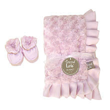 Trend Lab Girls Pink Swirl Velour Ruffle Trimmed Blanket and Reversible Bootie Luxe Gift Set- 0-6 Months