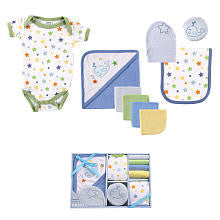 Luvable Friends Boys 9 Piece Bath Gift Set with Bodysuit,Towel, 4 Washcloths, Mitt, Sponge and Burp Cloth- 0-6 Months