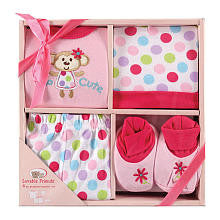 Luvable Friends Girls 4 Piece Too Cute Gift Set with Lap Shoulder Shirt, Diaper Cover, Hat, and Booties- 0-6 Months