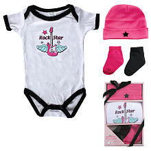 Luvable Friends Girls 4 Piece Rock Star Gift Set with Bodysuit, Hat and 2 Pair Socks- 0-6 Months