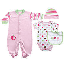 Hudson Baby Girls 4 Piece Apple of Mommy's Eye Set with Raglan Footie, Printed Bodysuit, Hat and Bib