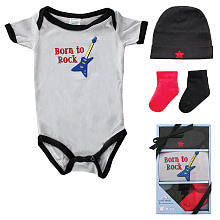 Luvable Friends Boys 4 Piece Born to Rock Gift Set with Bodysuit, Hat, and 2 Pair Socks- 0-6 Months