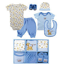 Luvable Friends Boys 6 Piece Safari Newborn Gift Set with Bodysuit, T Shirt, Pants, Hat, Bib and Booties- 0-6 Months