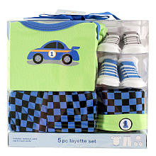 Luvable Friends Boys 5 Piece Racecar Newborn Gift Set with Bodysuit, Pants, Hat and 2 Pair of Sneaker Socks- 0-6 Months