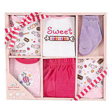 Luvable Friends Girls 6 Piece Sweets Newborn Gift Set with Bodysuit, T Shirt, Pants, Hat, Bib and Socks- 0-6 Months