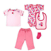 Hudson Baby Girls 5 Piece Rose Gift Set with Polka Dot Bodysuit, Lap Shoulder T Shirt, Pants, Socks and Bib- 0-3 Months