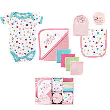 Luvable Friends Girls 9 Piece Bath Gift Set with Bodysuit,Towel, 4 Washcloths, Mitt, Sponge, and Burp Cloth- 0-6 Months