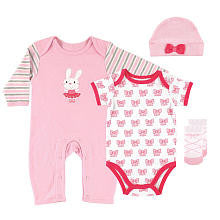 Hudson Baby Girls 4 Piece Ballerina Bunny Set with Raglan Coverall, Bow Printed Bodysuit, Hat and Ballet Shoe Socks