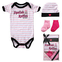 Luvable Friends 4 Piece Spoiled Rotten by Daddy Gift Set with Striped Bodysuit, Hat and 2 Pair Socks- 0-6 Months