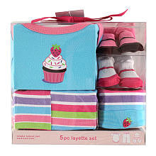 Luvable Friends Girls 5 Piece Cupcake Newborn Gift Set with Bodysuit, Pants, Hat and 2 Pair of MaryJane Socks-0-6 Months