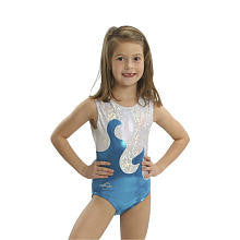 Obersee Girls Metallic Shimmer White/ Turquoise Waves Gymnastics Leotard