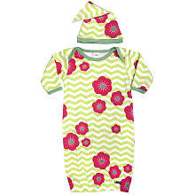 SOZO Girls Floral Print Chevron Lap Shoulder Gown with Fold Over Mitten Cuffs and Hat- 0-6 Months