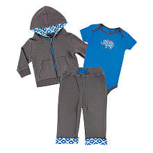 Yoga Sprout Boys 3 Piece Gray/Blue Hoodie, Elephant Applique Short Sleeve Bodysuit, and Cuffed Pant Set