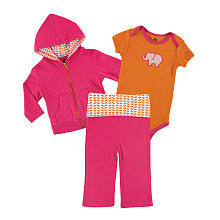 Yoga Sprout Girls 3 Piece Pink/Orange Hoodie, Elephant Applique Short Sleeve Bodysuit, and Fold Over Yoga Pant Set