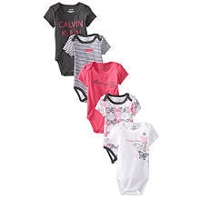 Calvin Klein Girls 5 Pack Grey/Pink Butterfly Assorted Short Sleeve Bodysuits