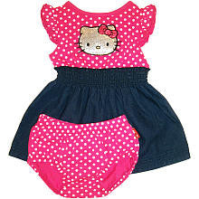 Hello Kitty Girls 2 Piece Fuchsia/Denim Empire Waist Polka Dot Dress with Hello Kitty Sequin Applique and Diaper Cover