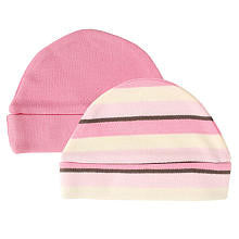 Hudson Baby Girls 2 Pack Pink/White Striped and Pink Organic Hats- 0-6 Months