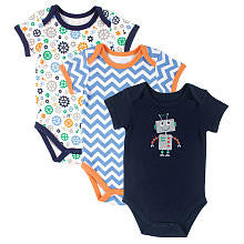 Hudson Baby Boys 3 Pack Robot Prints Short Sleeve Bodysuits