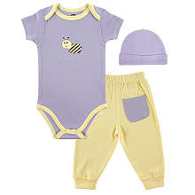 Hudson Baby Girls 3 Piece Cute Bumble Bee Purple/Yellow Bamboo Layette Set with Short Sleeve Bodysuit, Pants, and Hat