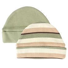 Hudson Baby Boys 2 Pack Tan Striped and Green Organic Hats- 0-6 Months