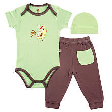 Hudson Baby Boys 3 Piece Little Rooster Green/Brown Bamboo Layette Set with Short Sleeve Bodysuit, Pants, and Hat