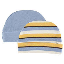 Hudson Baby Boys 2 Pack Yellow Striped and Blue Organic Hats- 0-6 Months