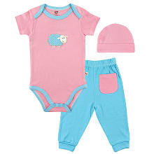 Hudson Baby Girls 3 Piece Sweet Sheep Pink/Blue Bamboo Layette Set with Short Sleeve Bodysuit, Pants, and Hat