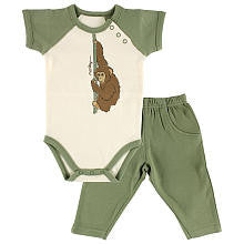 Hudson Baby Boys 2 Piece Monkey Organic Playwear Set with Raglan Short Sleeve Bodysuit and Pant