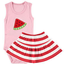 Hudson Baby Girls 2 Piece Pink Sleeveless Bodysuit with Watermelon Applique and Red/White Striped Skirt Set