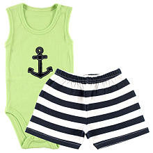 Hudson Baby Boys 2 Piece Green Sleeveless Bodysuit with Anchor Applique and Navy/White Striped Shorts Set