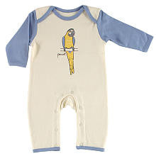 Hudson Baby Boys Lap Shoulder Blue/White Organic Coverall with Parrot Print