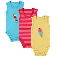 Hudson Baby Girls 3 Pack Ice Cream, Birdie, and Striped Sleeveless Bodysuits- Yellow/Blue/Pink