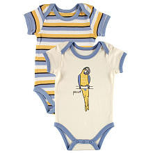 Hudson Baby Boys 2 Pack Yellow/Blue Striped and Parrot Print Organic Bodysuits