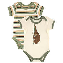 Hudson Baby Boys 2 Pack Tan/Green Striped and Monkey Print Organic Bodysuits