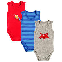 Hudson Baby Boys 3 Pack Crab Applique, Fish, and Striped Sleeveless Bodysuits- Grey/Red/Blue