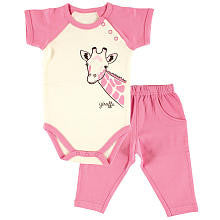 Hudson Baby Girls 2 Piece Pink Giraffe Organic Playwear Set with Raglan Short Sleeve Bodysuit and Pant