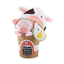 Baby Aspen Neutral "Farmhouse Friends" 3 Piece Bathtime Bucket Gift Set with Hooded Towel, Mitt, and Booties- 0-9 Months