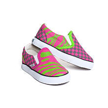 XOLO Girls Pink/Green/Purple Zebra and Checkerboard Print Slip On Shoes