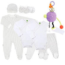 Kushies Neutral 8 Piece Hugbug Bundle Set with Footie, 2 Bodysuits, 2 Footed Pants, Hat, Mittens, and Toy- 6 Months