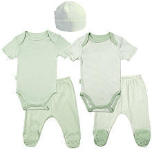 Kushies Neutral 6 Piece Green Double Bundle Set with 2 Short Sleeve Bodysuits, 2 Footed Pants, and 2 Hats- 6 Months