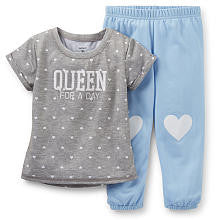 Carter's Girls 2 Piece Grey "Queen for a Day" Short Sleeve Polyester T Shirt and French Terry Pant Pajama Set